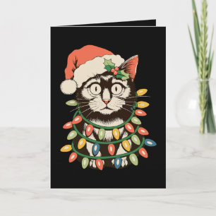 Retro Black Cat Christmas Lights Funny Xmas Santa Holiday Card