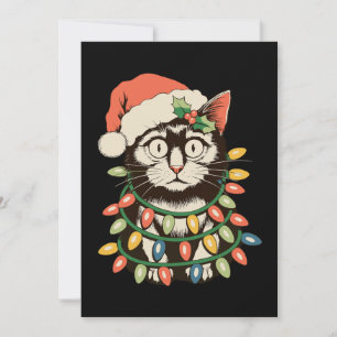 Retro Black Cat Christmas Lights Funny Xmas Santa Holiday Card