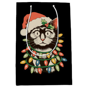 Retro Black Cat Christmas Lights Funny Xmas Santa Medium Gift Bag