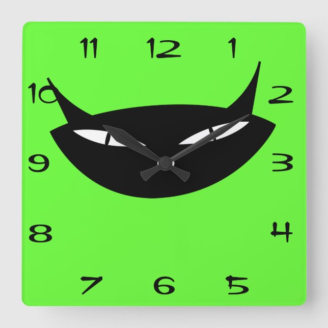 Retro black cat face with numbers square wall clock (Front)