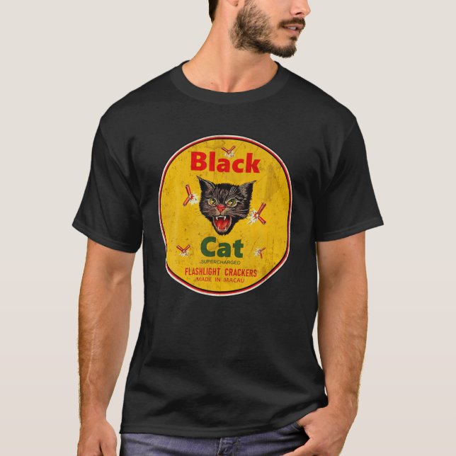 Retro Black Cat Firecrackers Vintage T-Shirt (Front)