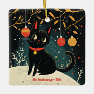 Retro Black Cat Fun Holiday Ceramic Ornament