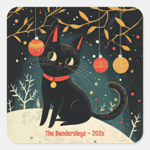 Retro Black Cat Fun Holiday Square Sticker