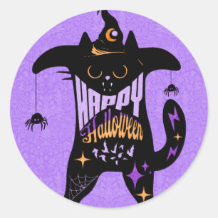 Retro Black Cat Funny Halloween Classic Round Sticker