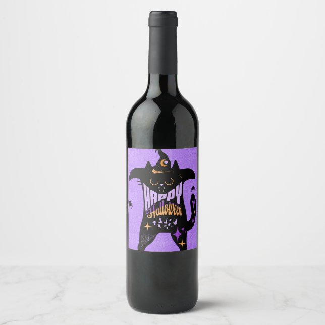 Retro Black Cat Funny Halloween  Wine Label (Front)