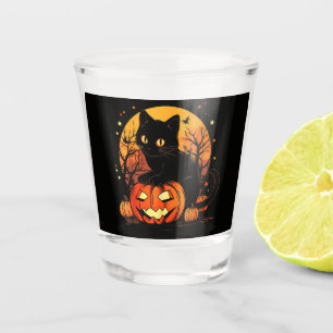 Retro Black Cat Halloween Pumpkin Shot Glass