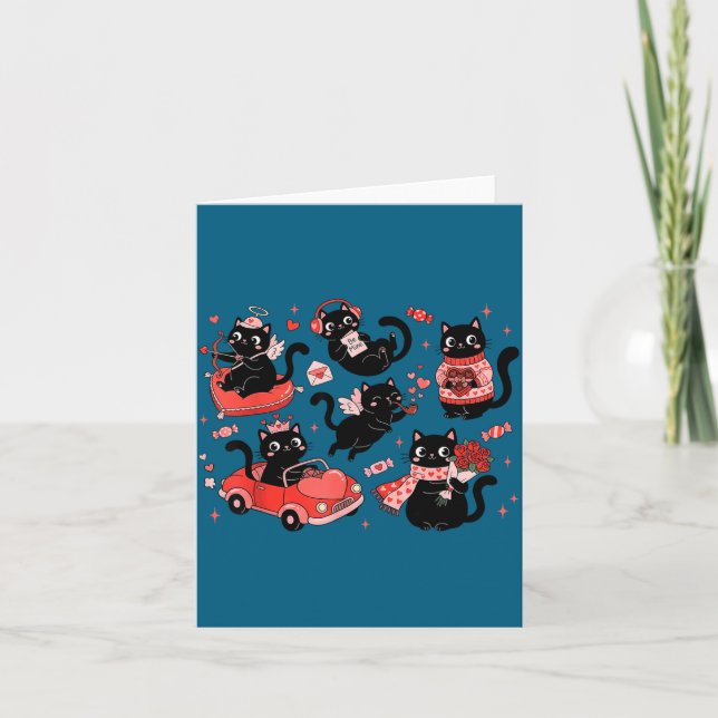 Retro Black Cat Heart Valentines Day Cute Kitten L Card (Front)