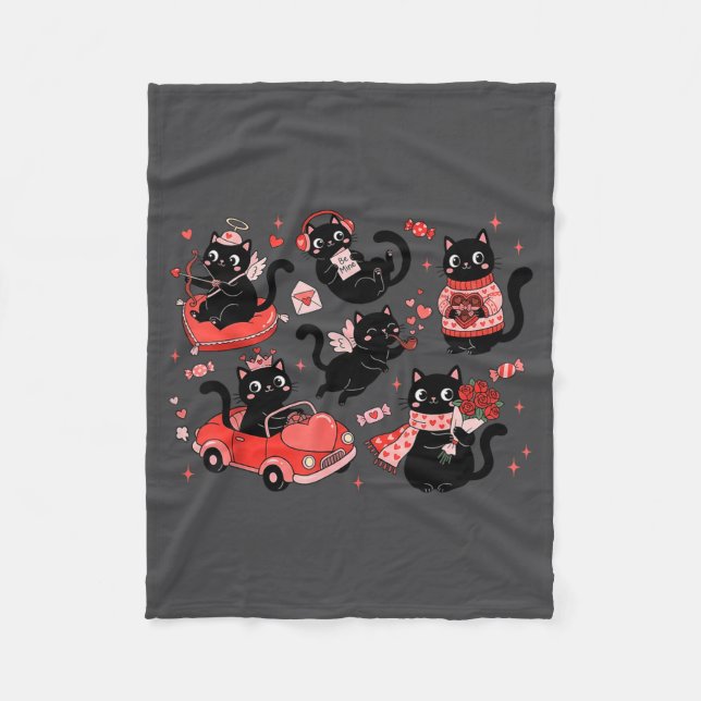 Retro Black Cat Heart Valentines Day Cute Kitten L Fleece Blanket (Front)