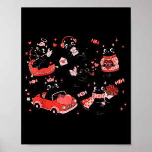 Retro Black Cat Heart Valentines Day Cute Kitten L Poster
