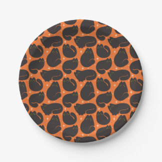 Retro Black Cat in Orange Paper Plate