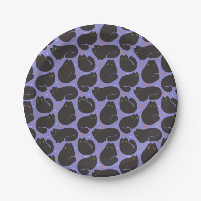 Retro Black Cat in Purple Paper Plate (Front)