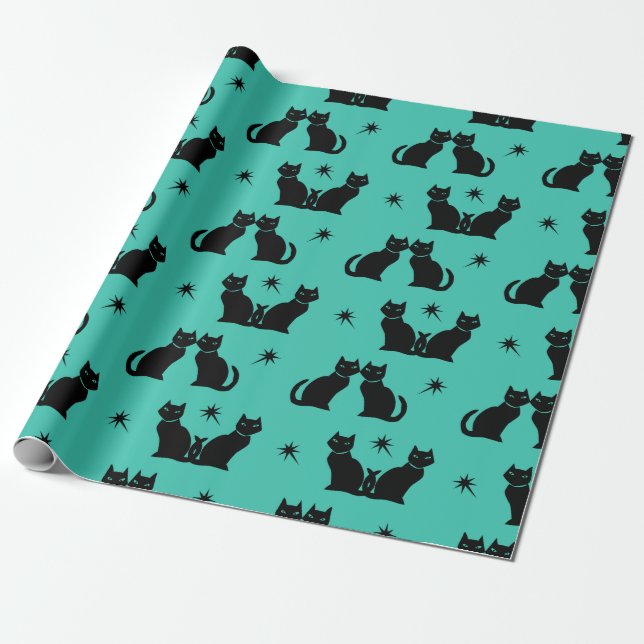 Retro Black Cat Kitty on aqua wrapping paper (Unrolled)