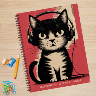 Retro Black Cat, Mastermind At Work & Name,Funny Notebook