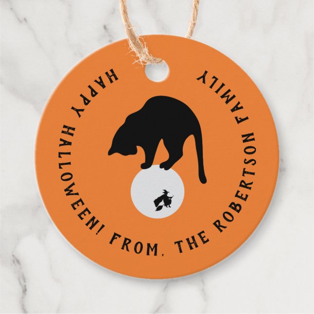 Retro Black Cat on the Moon Halloween Favour Tags (Front)