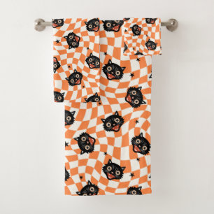Retro Black Cat Orange Check Pattern Bath Towel Set