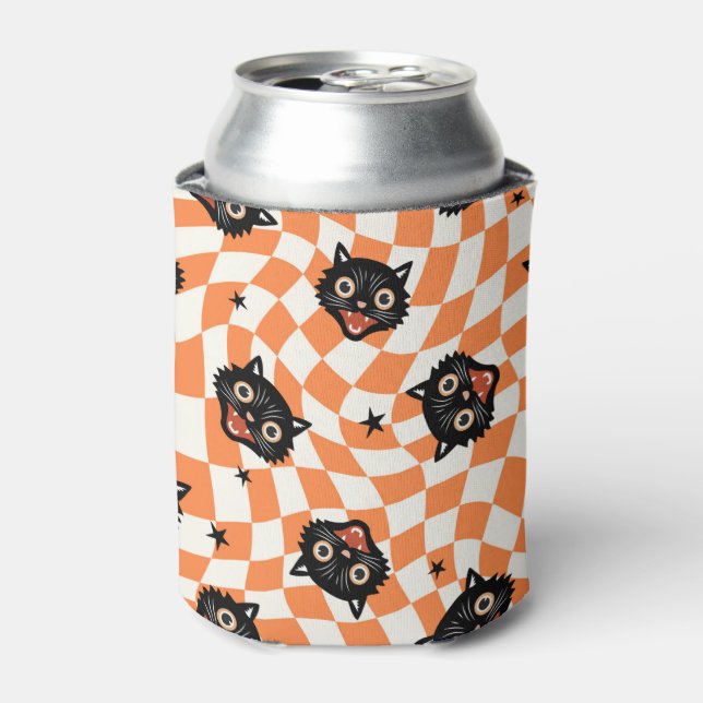 Retro Black Cat Orange Check Pattern Can Cooler (Can Front)