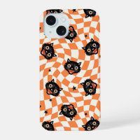 Retro Black Cat Orange Check Pattern