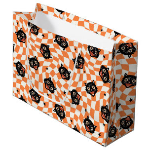 Retro Black Cat Orange Check Pattern Large Gift Bag