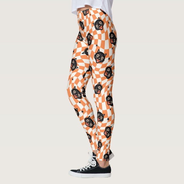 Retro Black Cat Orange Check Pattern Leggings (Left)