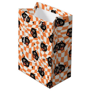 Retro Black Cat Orange Check Pattern Medium Gift Bag