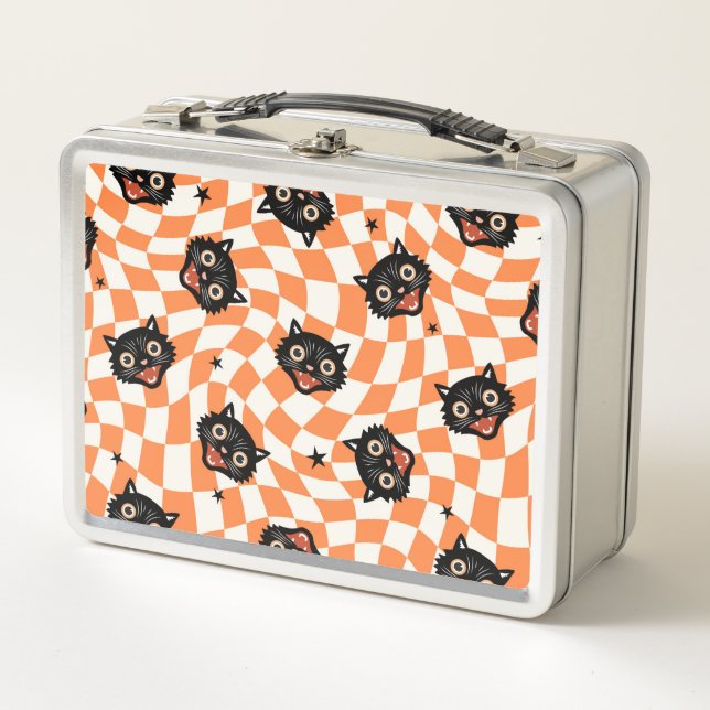 Retro Black Cat Orange Check Pattern Metal Lunch Box (Front)