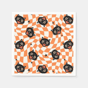 Retro Black Cat Orange Check Pattern Napkin