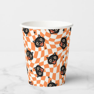 Retro Black Cat Orange Check Pattern Paper Cups