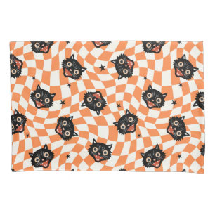 Retro Black Cat Orange Check Pattern Pillowcase