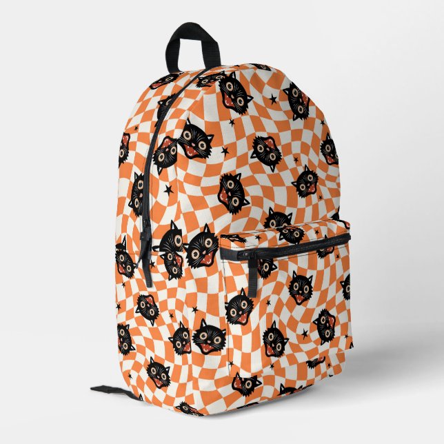 Retro Black Cat Orange Check Pattern Printed Backpack (Back Corner Left)