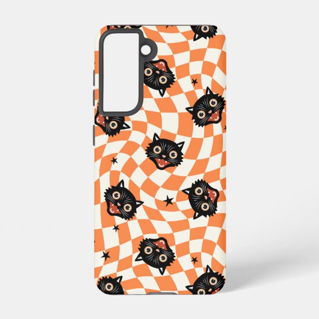 Retro Black Cat Orange Check Pattern Samsung Galaxy S21 Case (Back)