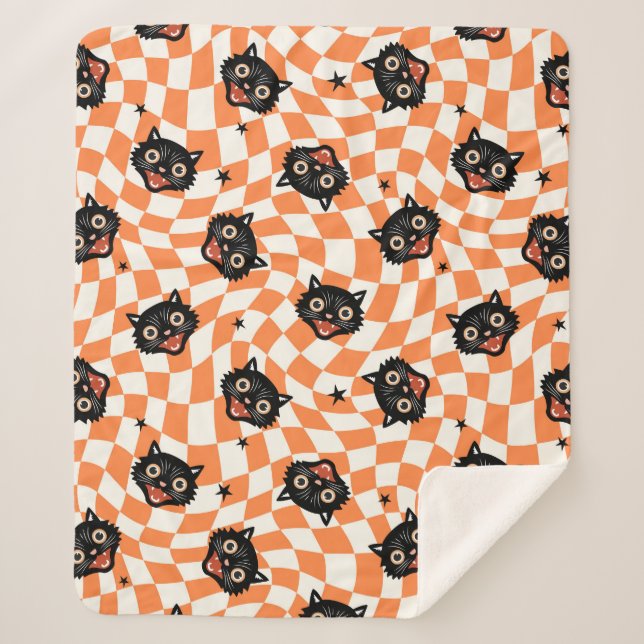 Retro Black Cat Orange Check Pattern Sherpa Blanket (Front)