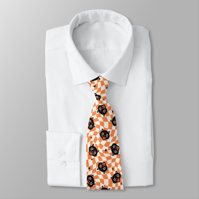Retro Black Cat Orange Check Pattern Tie (Tied)