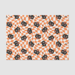 Retro Black Cat Orange Check Pattern Tissue Paper