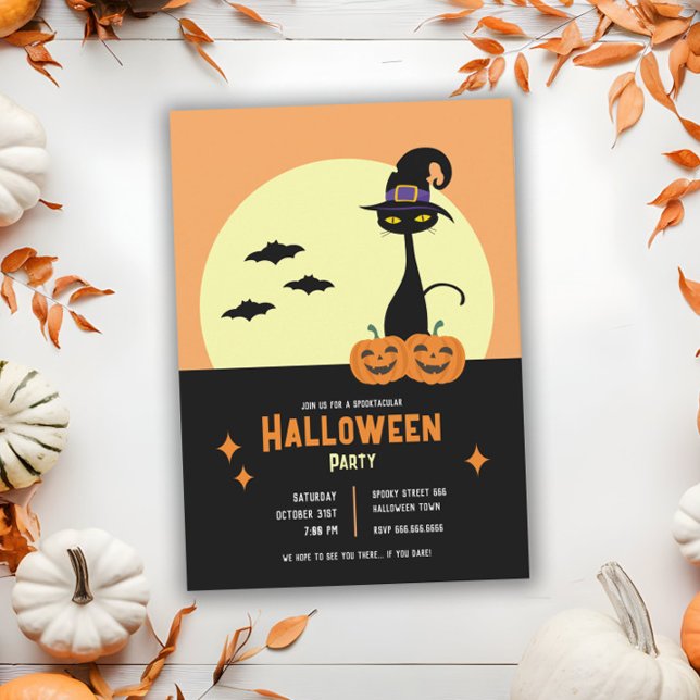 Retro Black Cat Personalised Halloween Party Invitation (Creator Uploaded)