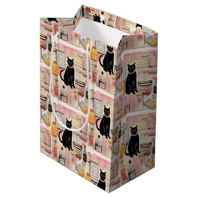 Retro Black Cat Pink necklace Collage Medium Gift Bag (Back Angled)
