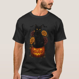 Retro Black Cat Pumpkin Floral Halloween Spooky Se T-Shirt