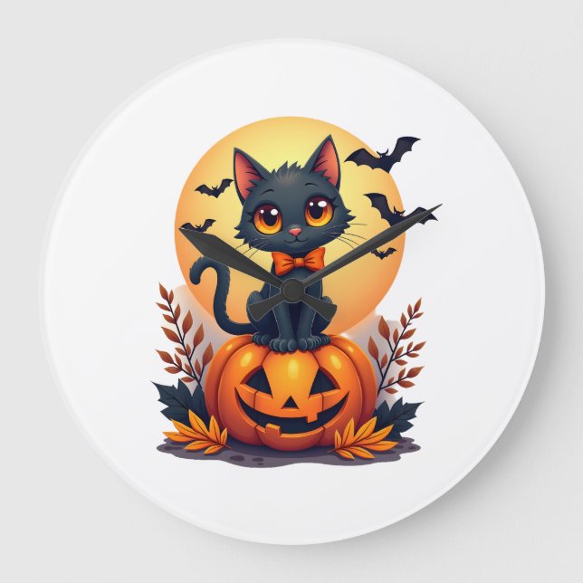 Retro Black Cat Pumpkin Halloween Costume Fall Aut Large Clock (Front)