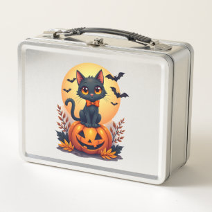 Retro Black Cat Pumpkin Halloween Costume Fall Aut Metal Lunch Box