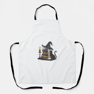 Retro Black Cat Reading Book Vintage Halloween Boo Apron