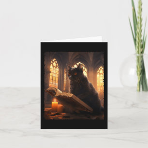 Retro Black Cat Reading Book Vintage Halloween Boo Card