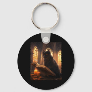 Retro Black Cat Reading Book Vintage Halloween Boo Key Ring