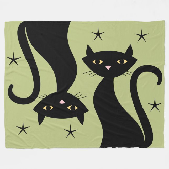 Retro Black Cat, wheatgrass Fleece Blanket (Front (Horizontal))