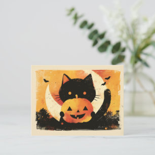 Retro Black Cat with Jack O' Lantern Holiday Postcard