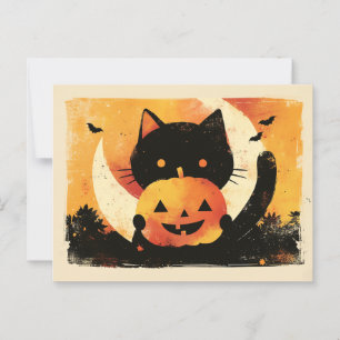 Retro Black Cat with Jack O' Lantern Postcard
