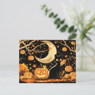 Retro Black Cat with Jack-o’-Lanterns Holiday Postcard
