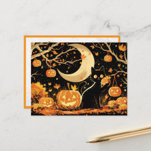 Retro Black Cat with Jack-o’-Lanterns Postcard