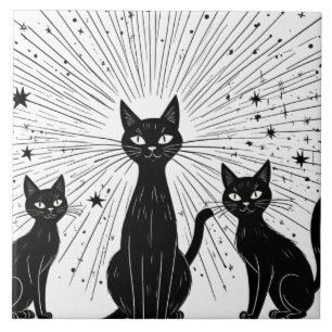 Retro Black Cats Atomic Starburst Mid Century Tile