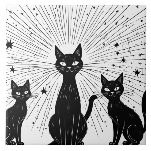 Retro Black Cats Atomic Starburst Mid Century Tile (Front)