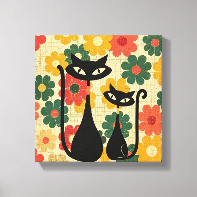 Retro Black Cats Canvas Print Mid Century Modern  (Front)