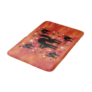 Retro Black Cats Fantasy with Starbursts on Orange Bath Mat